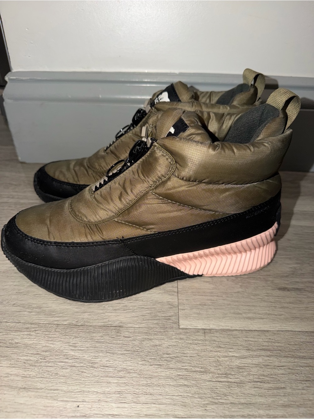 Sorel Olive Green and Black Platform Puffer Sneakers with Pink Midsole